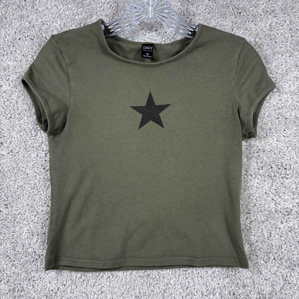 Dazy Womens Olive Green Star Graphic Baby Tee Crop Top Size M (READ)